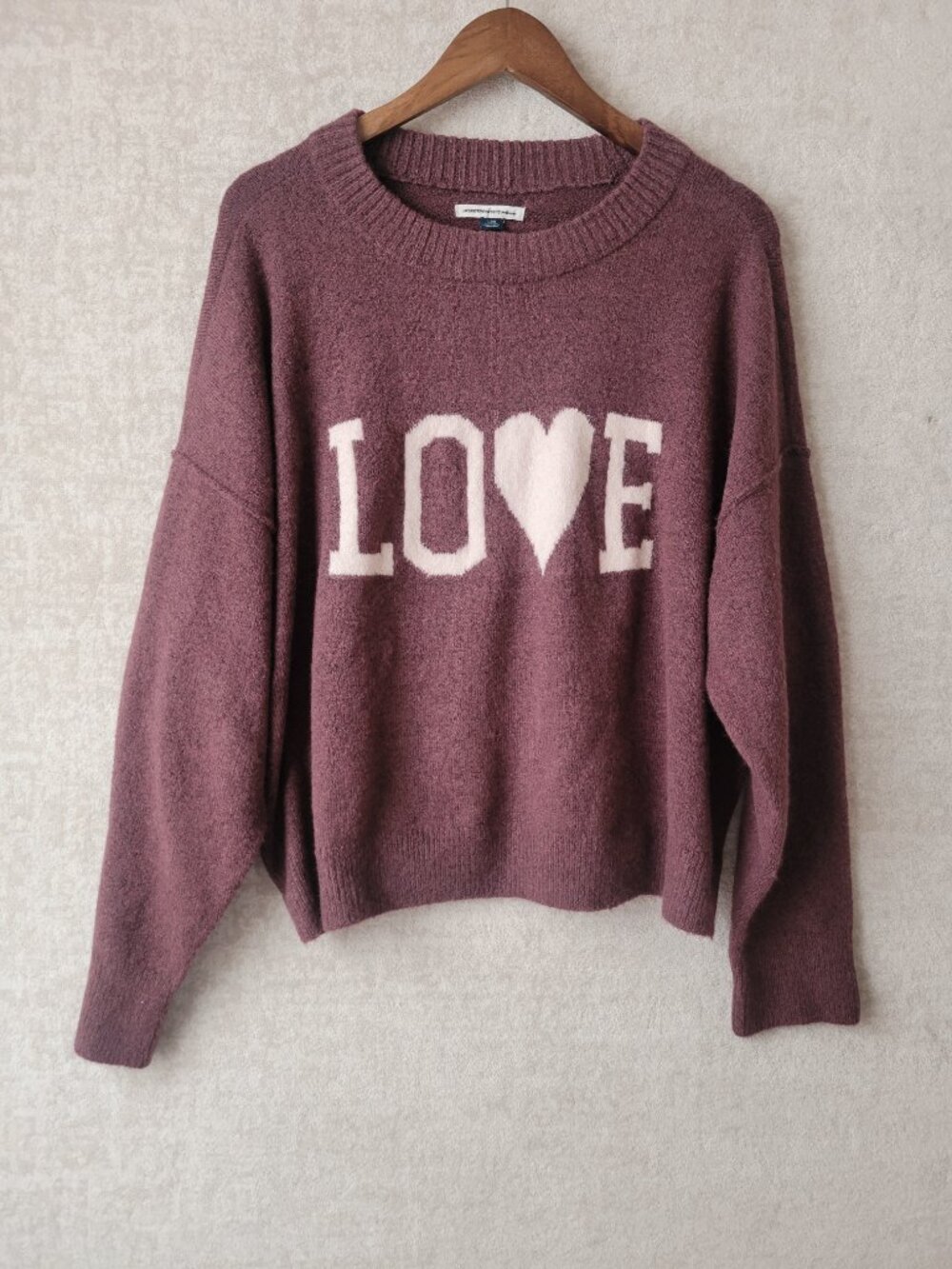 AE Whoa So Soft Graphic Love Knit Pullover Sweater Size Large Plum Berry Cozy